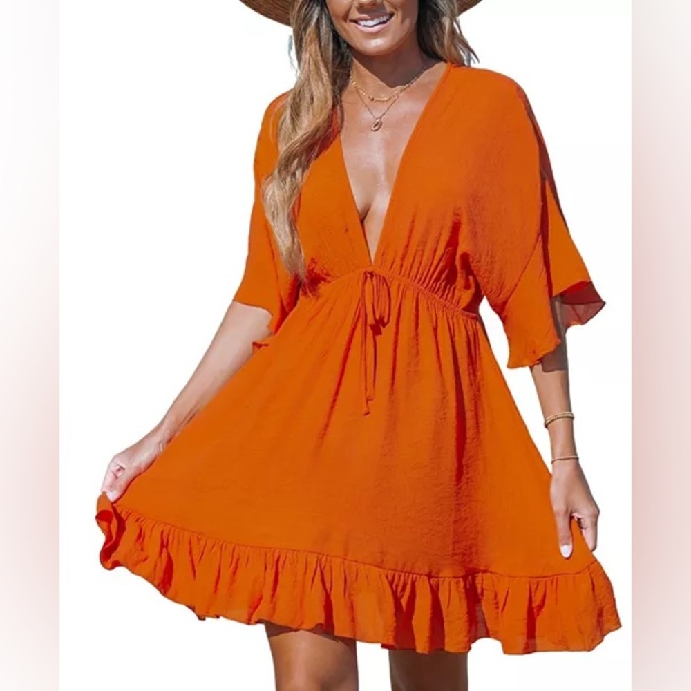 Cupshe rust Orange Ruffle Hem tie front mini Dress. Size M